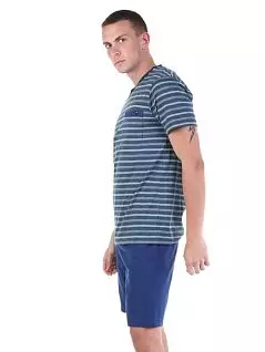 Мужская пижама (футболка в полоску и шорты однотонные) синего цвета BUGATTI RT56024/4065